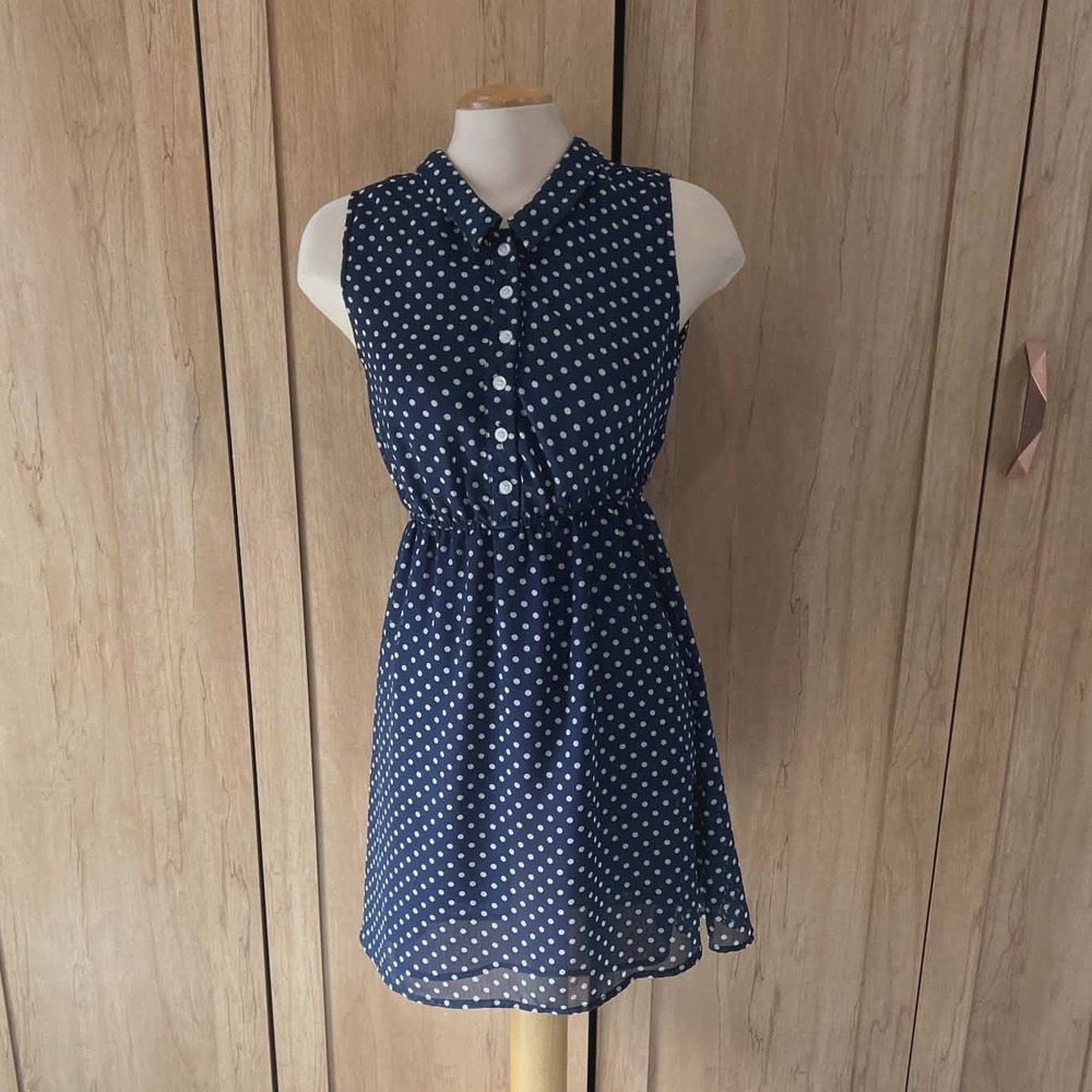 Pins‎ and Needles Navy Blue Polka Dot Sleeveless Button Down Dress Medium pinup